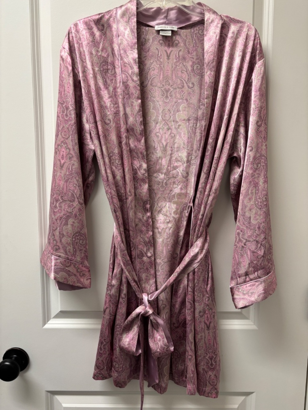 Jones New York Short Robe Medium Paisley Purple Pink Satin Kimono Tie Loungewear